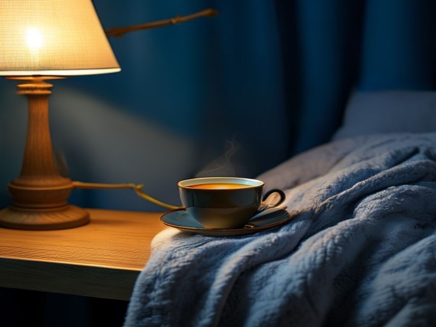 Evening tea ritual Warm cup of herbal tea on a bedside table with soft evening lighting