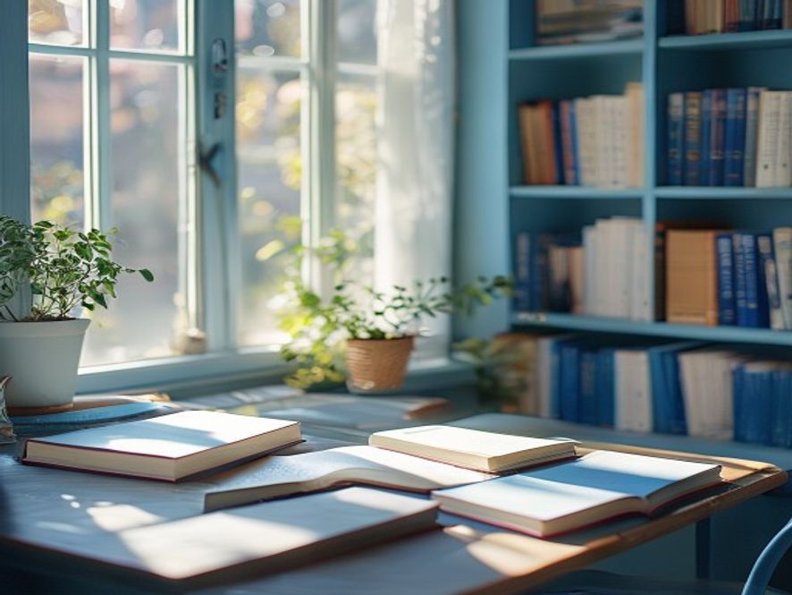 Bright workspace with books and learning materials, educational environment